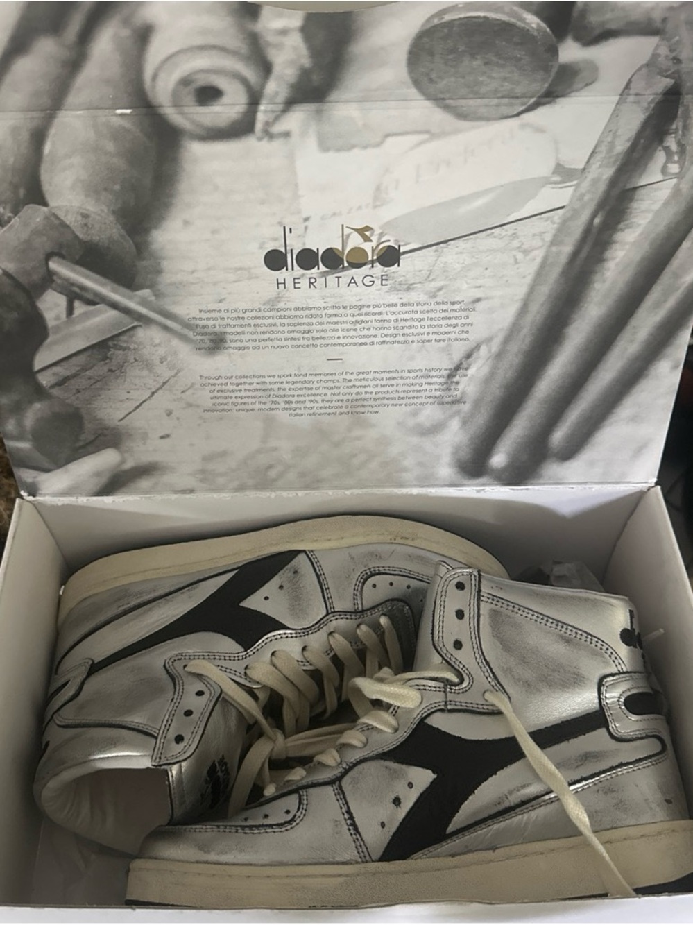 Diadora Silver and Black High-Top Sneakers